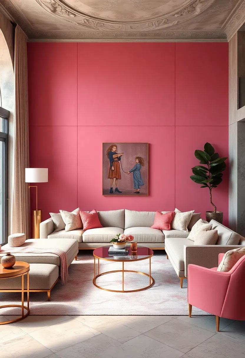 Get⁣ inspired ‍by a pink ⁤statement wall in a living room,⁢ accessorized with rose gold accessories that ​create ⁤a ⁤harmonious balance