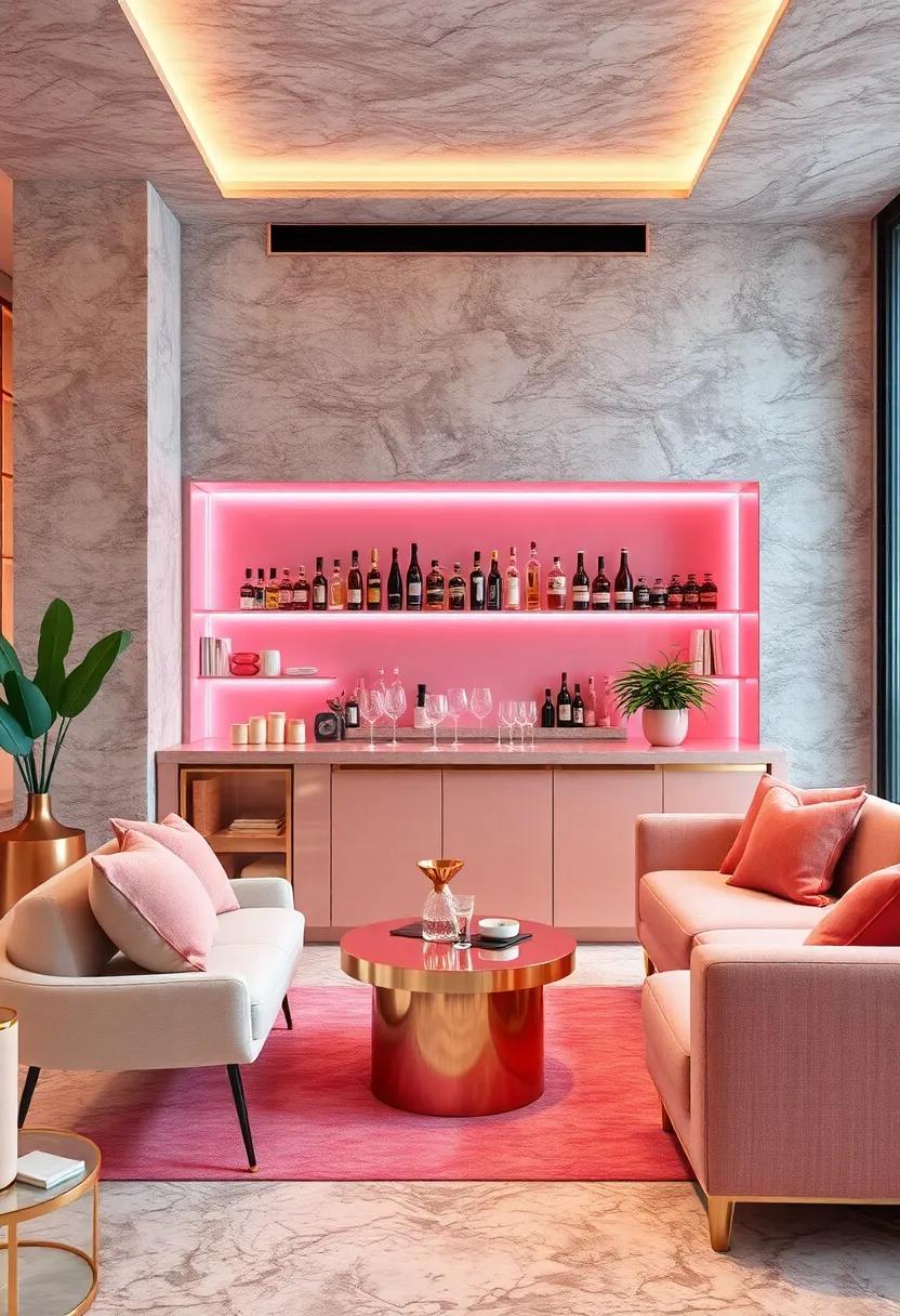 Elevate your home⁢ bar with rose gold finishes and pink-stained shelves, ⁢creating a ⁣chic space‍ for ⁢entertaining guests