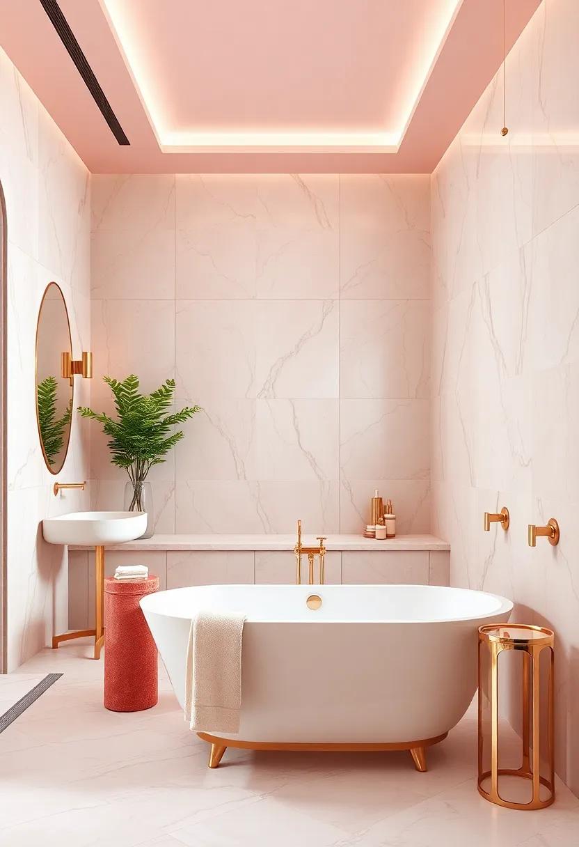Explore an opulent⁣ bathroom featuring rose⁢ gold​ fixtures, ‍a freestanding bathtub, ⁣and marble tiles that create ⁢a⁤ spa-like⁢ retreat at home