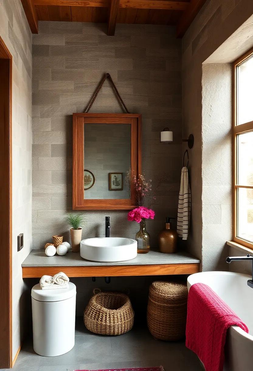 Rustic Mirrors: opt for a wooden-framed mirror or a vintage-find to reflect light and add character to your bathroom's​ design