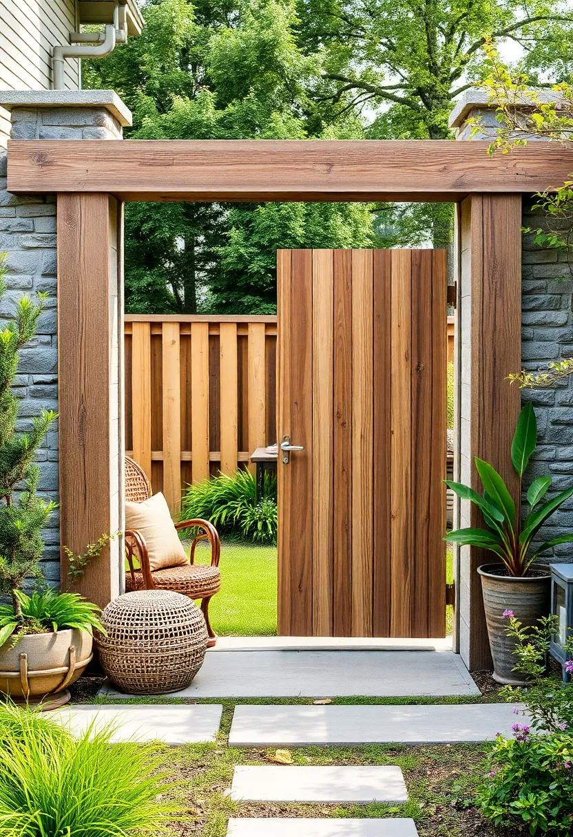 Wood Beam Rustic Gate: Frame your garden with a wood beam gate that stands out as the centerpiece of your fence, combining function and stunning design