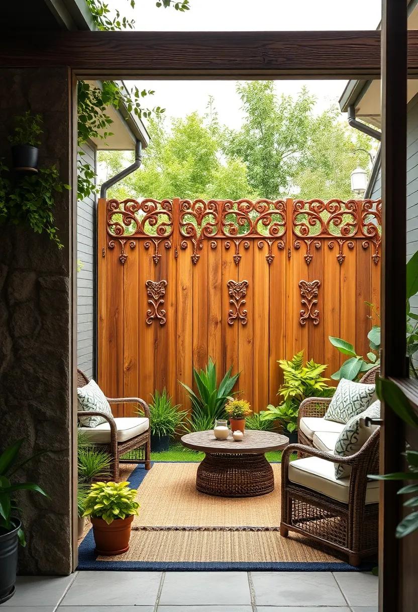 Ornate Wood Carved Fence: Install an intricately carved wooden fence that showcases artistry and craftsmanship, elevating your garden to a new level of beauty