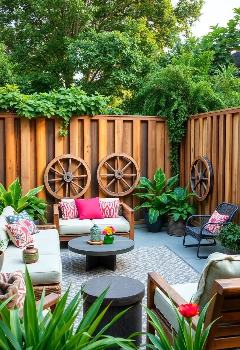 Rustic Wagon Wheel Fence: Incorporate old wagon wheels into your wood fence for a nostalgic touch that adds character and a sense of history to your garden