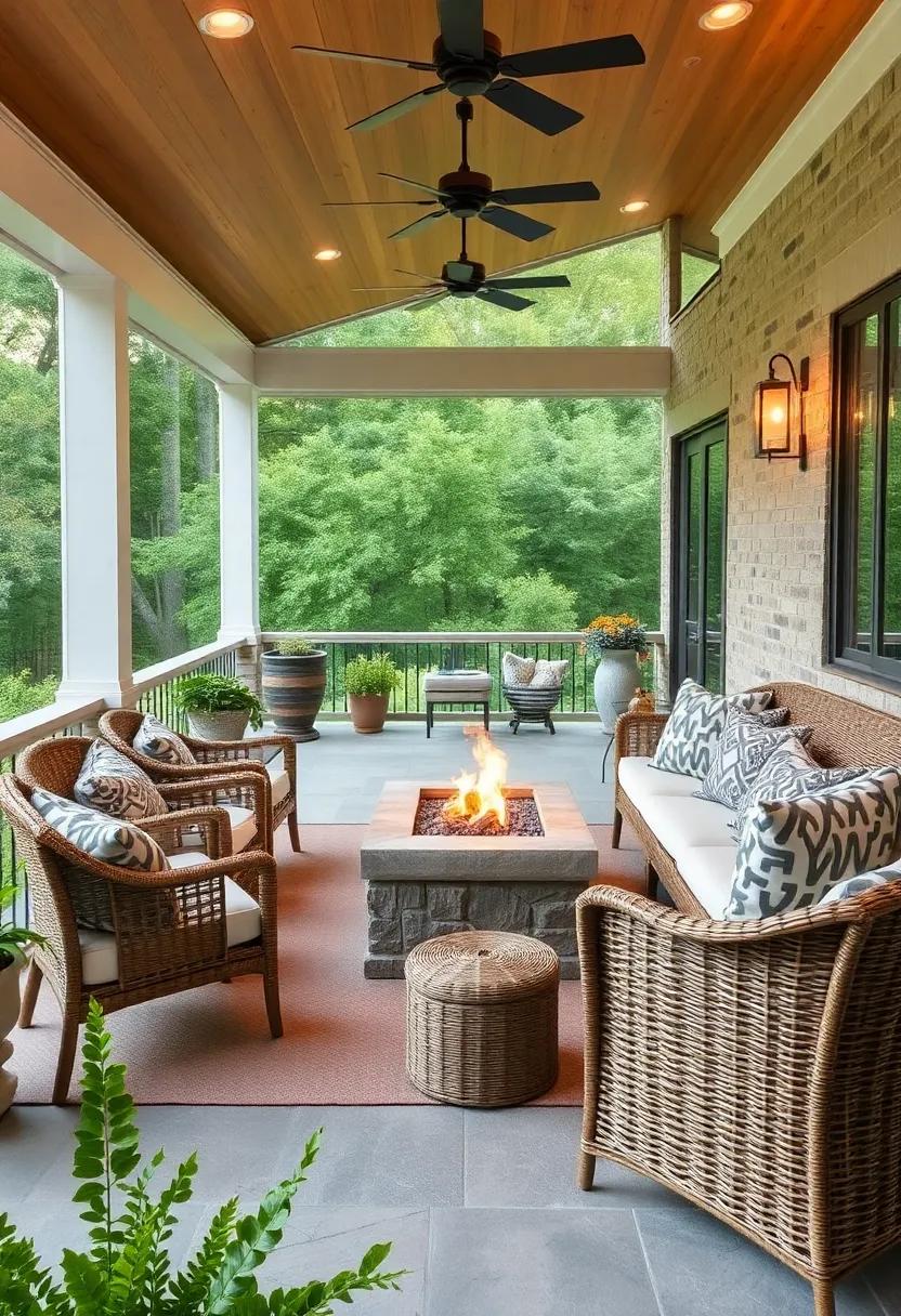 Integrate a Fire Pit: Coordinate‌ your wicker seating around a central fire pit, turning your porch into a year-round gathering ⁣spot for chilly evenings