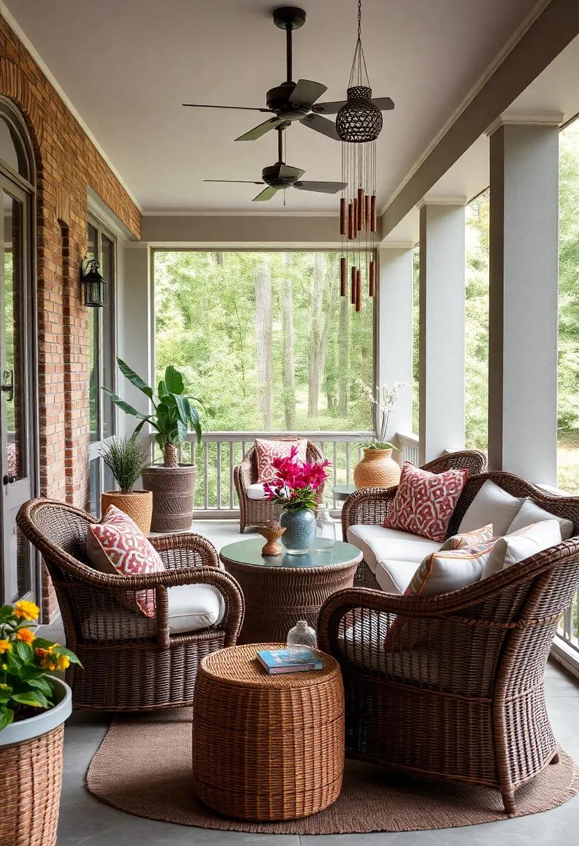 Hang Artful Wind Chimes: Choose stylish wicker wind chimes to add sound and movement to your⁢ porch, enhancing its ‌peaceful atmosphere