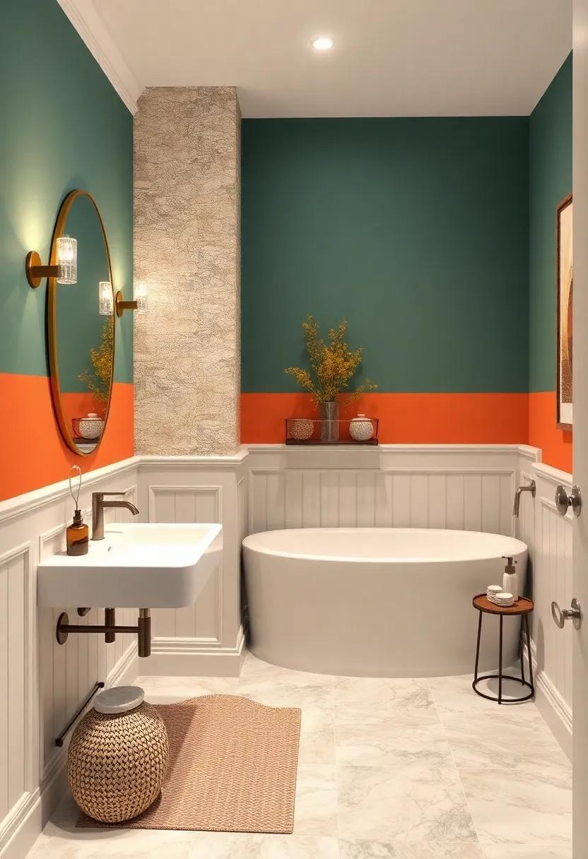 Pair wainscoting with bold accent colors on the top half of the wall to make a strong visual impact in your small bathroom