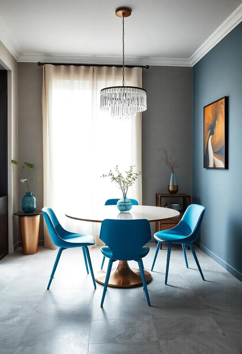 A chic round table surrounded by bright blue chairs shines under a crystal chandelier, creating an inviting atmosphere in this compact yet stylish dining room