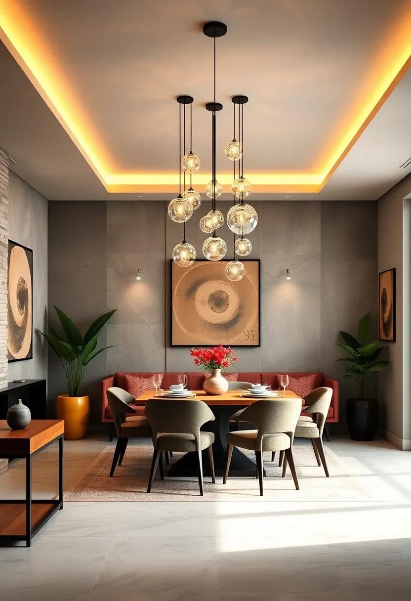 An artistic display of hanging orbs creates a whimsical atmosphere while providing layered lighting that cultivates a welcoming dining experience