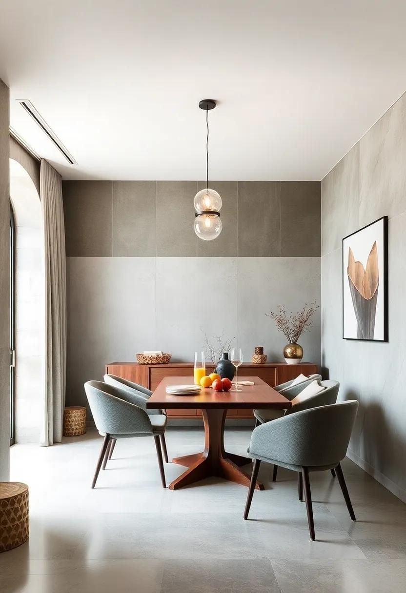 A cleverly designed dining area reveals a subtle glow from beneath a sculptural fixture, celebrating simplicity while ensuring elegance is at the forefront
