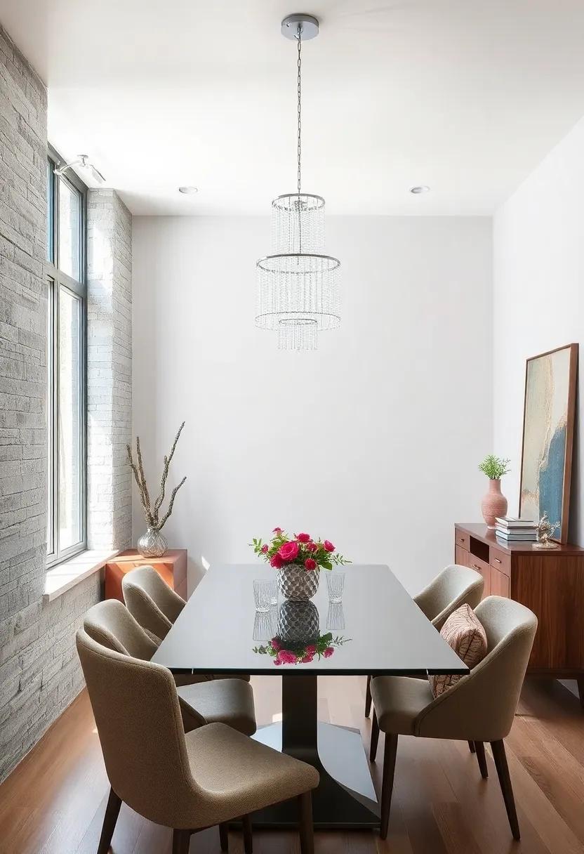 Light streams through a large window, reflecting off a minimalist crystal fixture, making this dining area feel bright and spacious despite its size