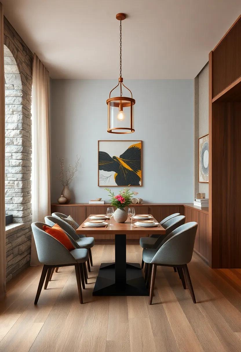 Warm wood tones pair beautifully with a modern bronze lantern, illuminating the dining area without overwhelming the delicate decor