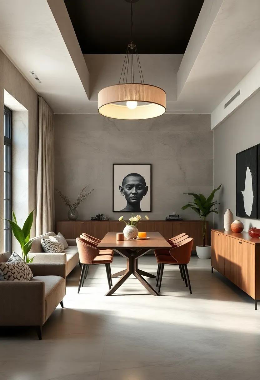 A pared-back approach meets dramatic lighting in this dining room, where simplicity allows an oversized fixture to command attention effortlessly