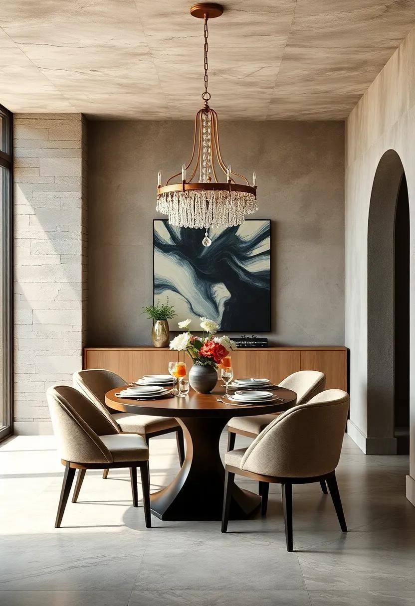 Striking black and white contrasts come to life in this dining area, with a sculptural ceiling light that adds drama and depth to the compact space