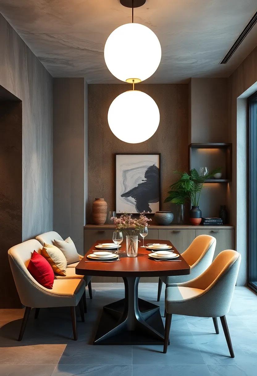An industrial vibe reigns in this small dining room, where a vintage-style bulb hangs from a chain, adding charm and an unexpected touch of nostalgia