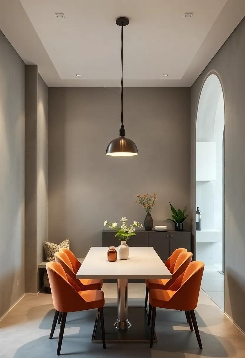 With a minimalist design, this small dining area features a suspended pendant light that draws the eye upward, making the space feel more expansive