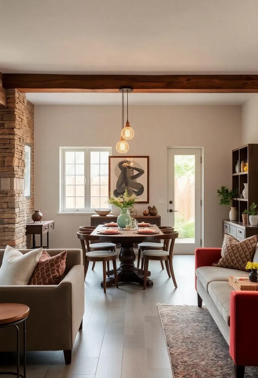 Rustic charm abounds in this small dining room, where reclaimed wood beams are complemented by vintage light fixtures for an organic feel