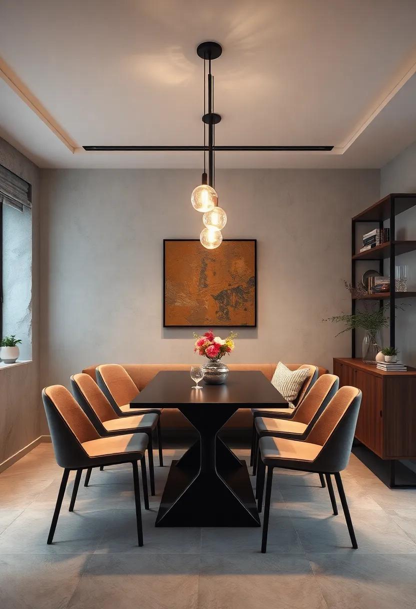 Soft, pendant lights on slim rods float above a slim dining table, perfect for a minimalist aesthetic that still feels warm and inviting