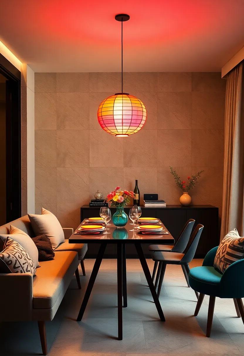 A sophisticated combination of brass fixtures and deep green walls captivates the senses, highlighting a unique art piece that hangs as a conversation starter