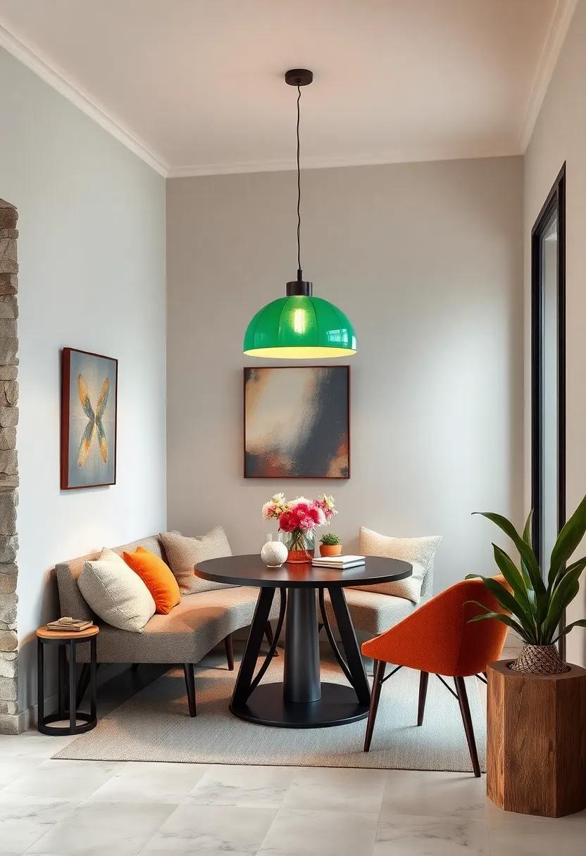 A cozy corner is crowned with a vibrant, oversized pendant, creating an artful statement against the soft pastel backdrop of the walls