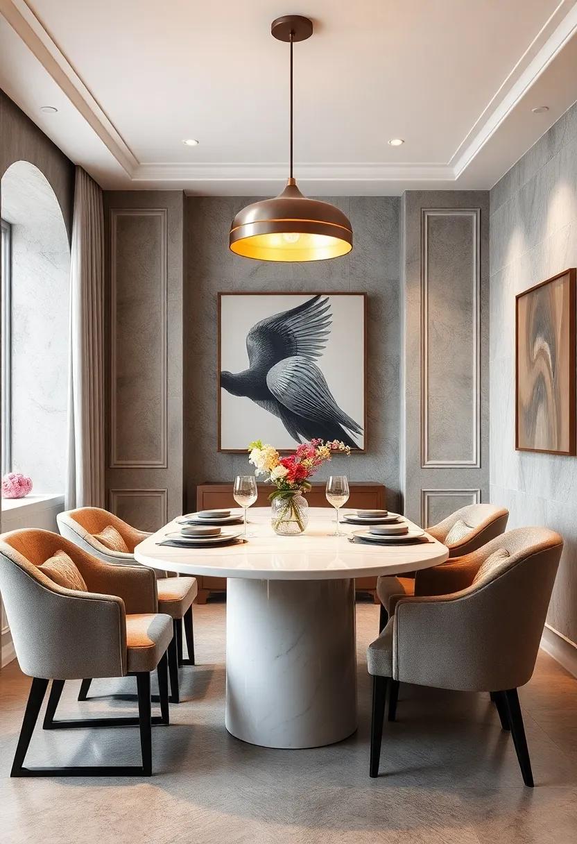 Classic elegance meets modern style with a sleek metallic fixture hanging above a white marble table, drawing attention to the luxurious dining setup