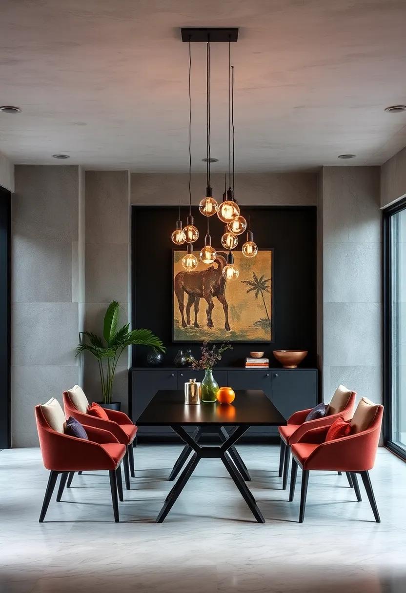 An eclectic array of small lights hangs staggered above a sleek table, combining functionality with art for an adventurous take on dining decor