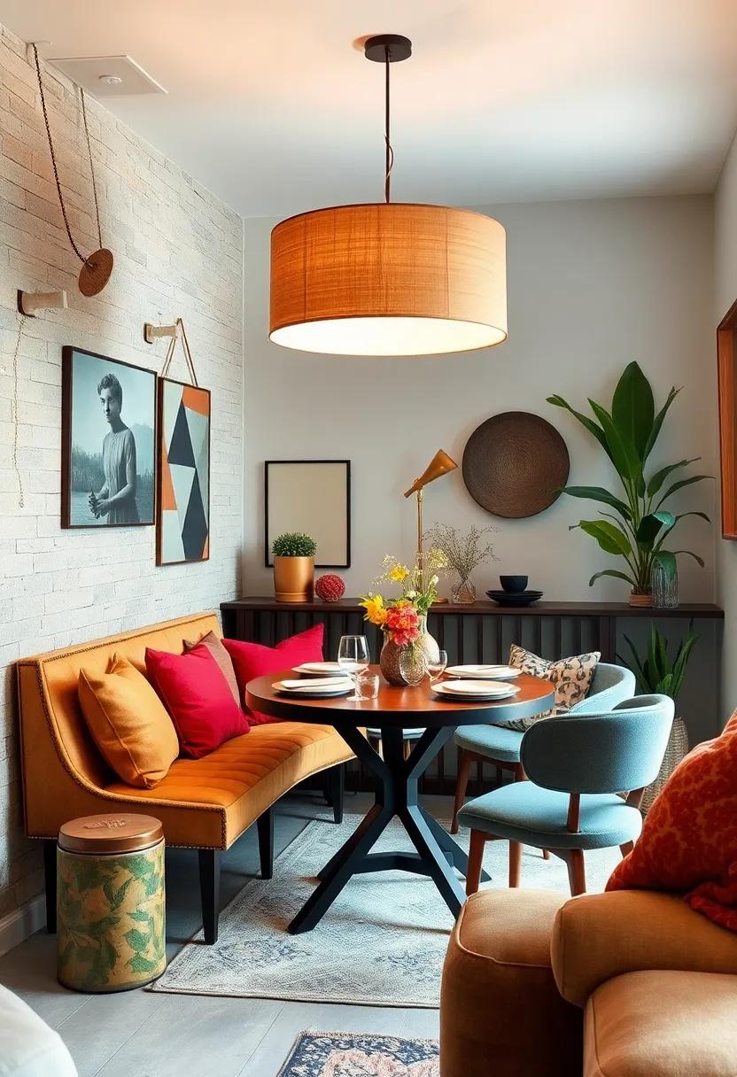 An eclectic mix of vintage decor and modern touches creates a cozy nook, while a bold, oversized lampshade becomes the focal point above the table