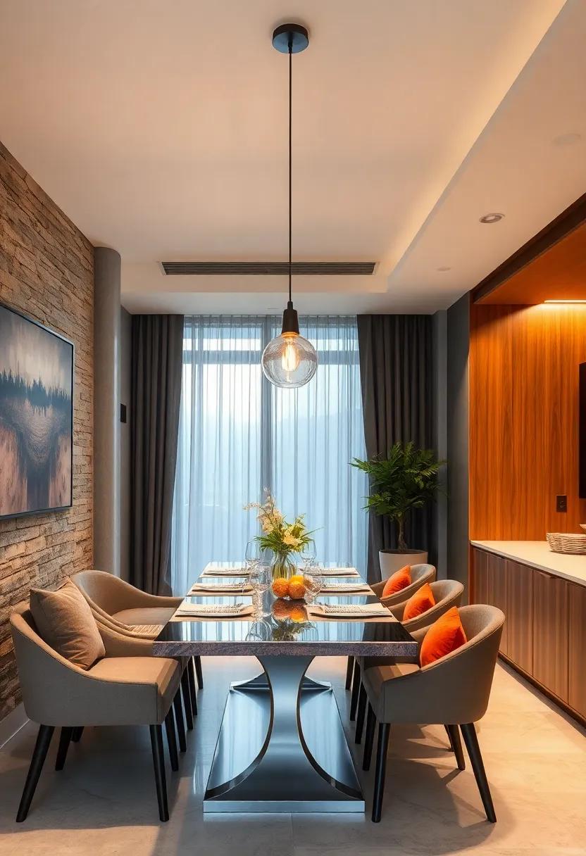 This dining room showcases an elegant drop-down light fixture that complements the wooden accents, providing a warm glow for intimate dinners