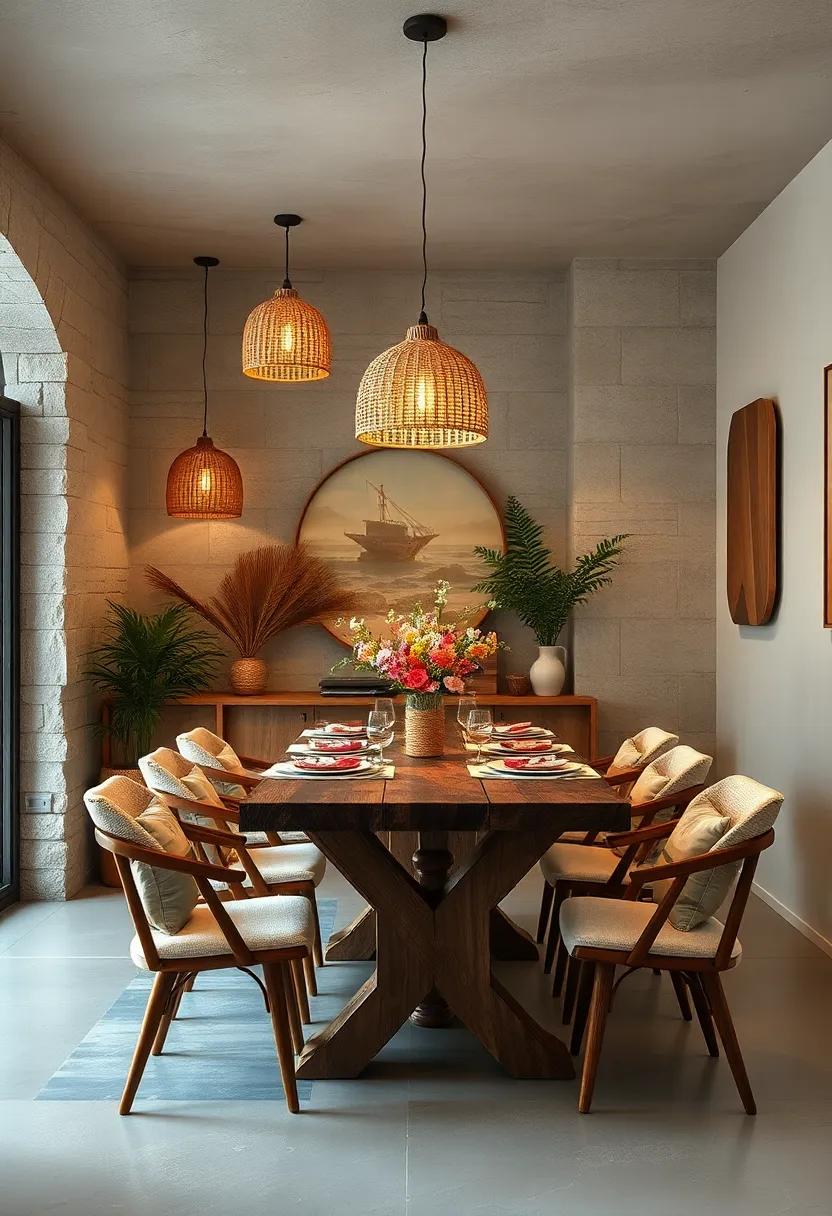 Featuring a bohemian vibe, this dining space includes woven light fixtures and natural materials, harmonizing beautifully with the rustic wooden table