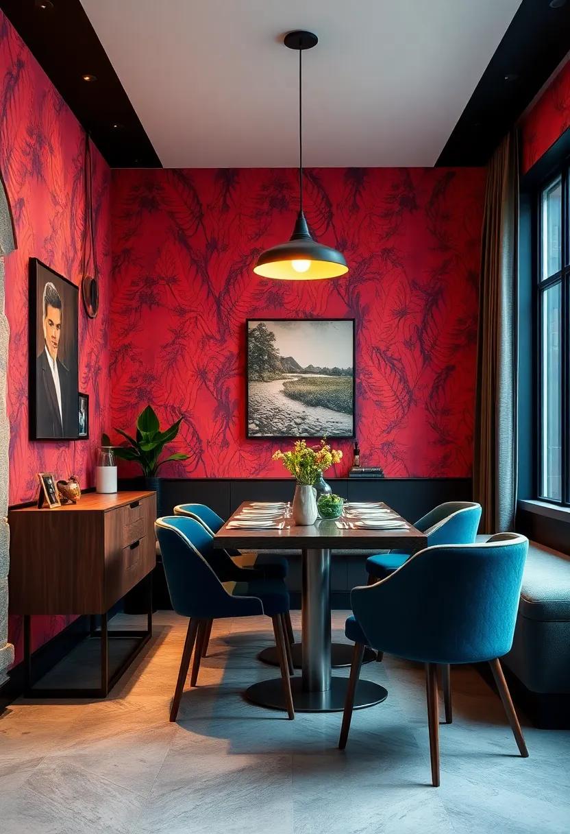 Bold wallpaper serves as a dramatic backdrop, while a simple yet striking pendant light adds a contemporary touch to this vibrant dining area