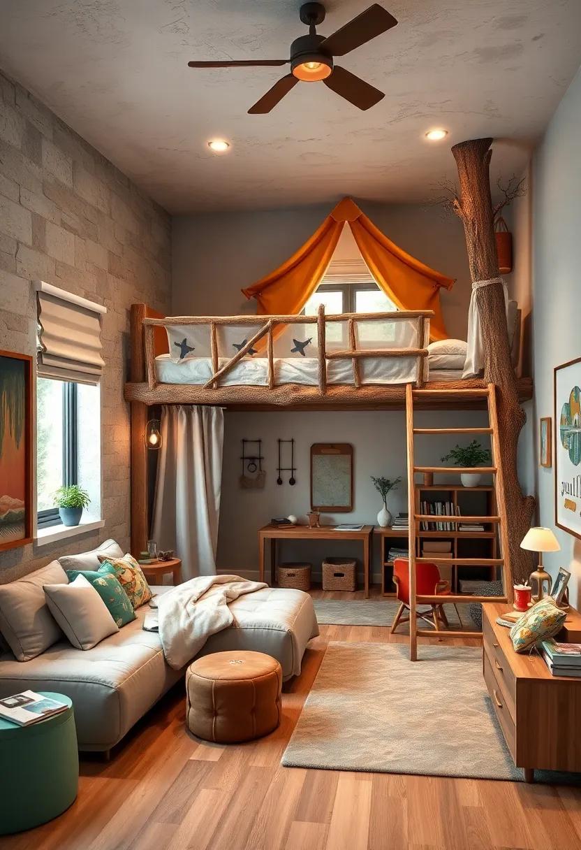 An explorer’s hideaway dominated by a tree fort loft bed, and below, a play area filled with maps, compasses, and ⁢exploration gear for little adventurers