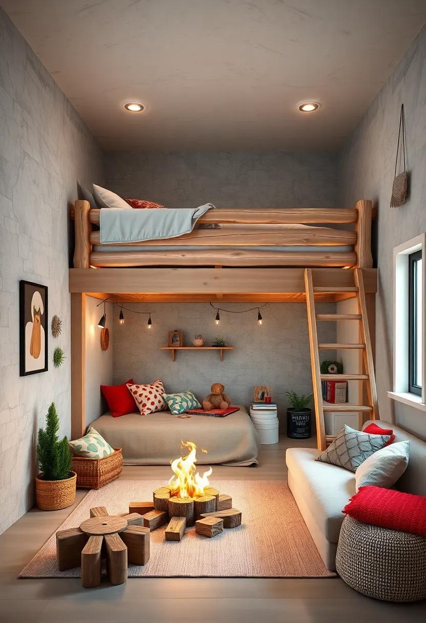 A cozy cabin-themed‍ room with a loft bed resembling a ‌log cabin,where​ a play⁣ area below offers nature-themed toys and a little campfire setup for storytelling nights