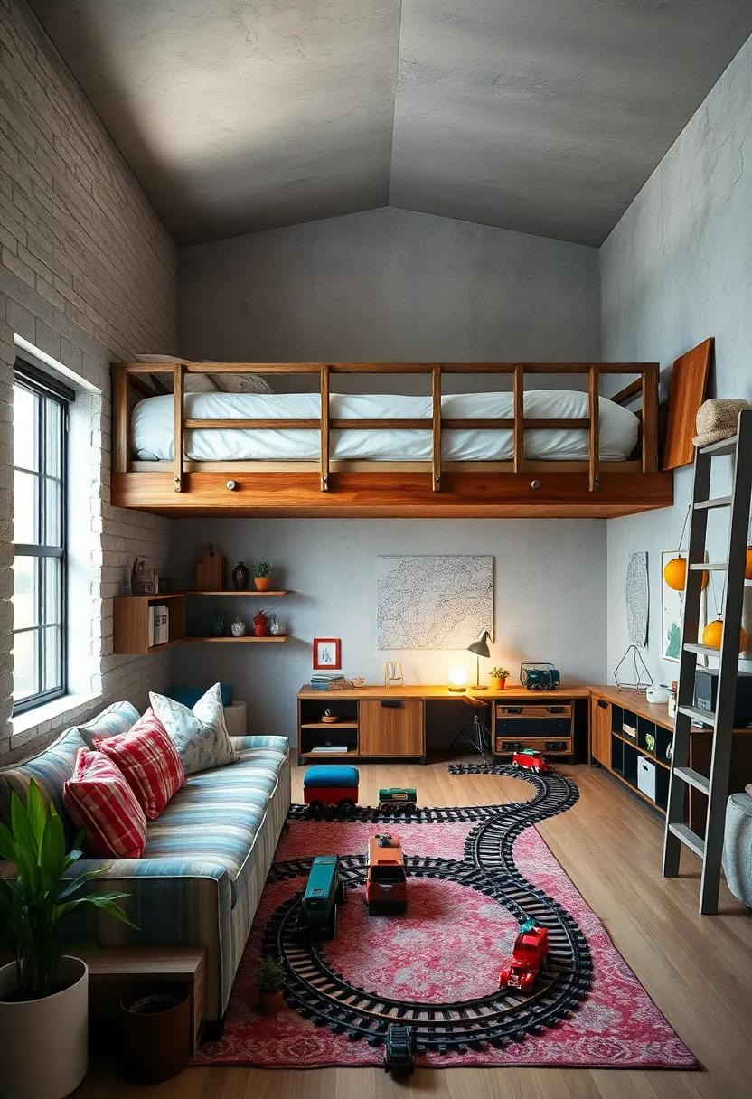 A vintage train station room, where ‌a loft bed‌ mimics ​a train car, and below lies a play area ​filled with model train sets and tracks for dynamic train adventures
