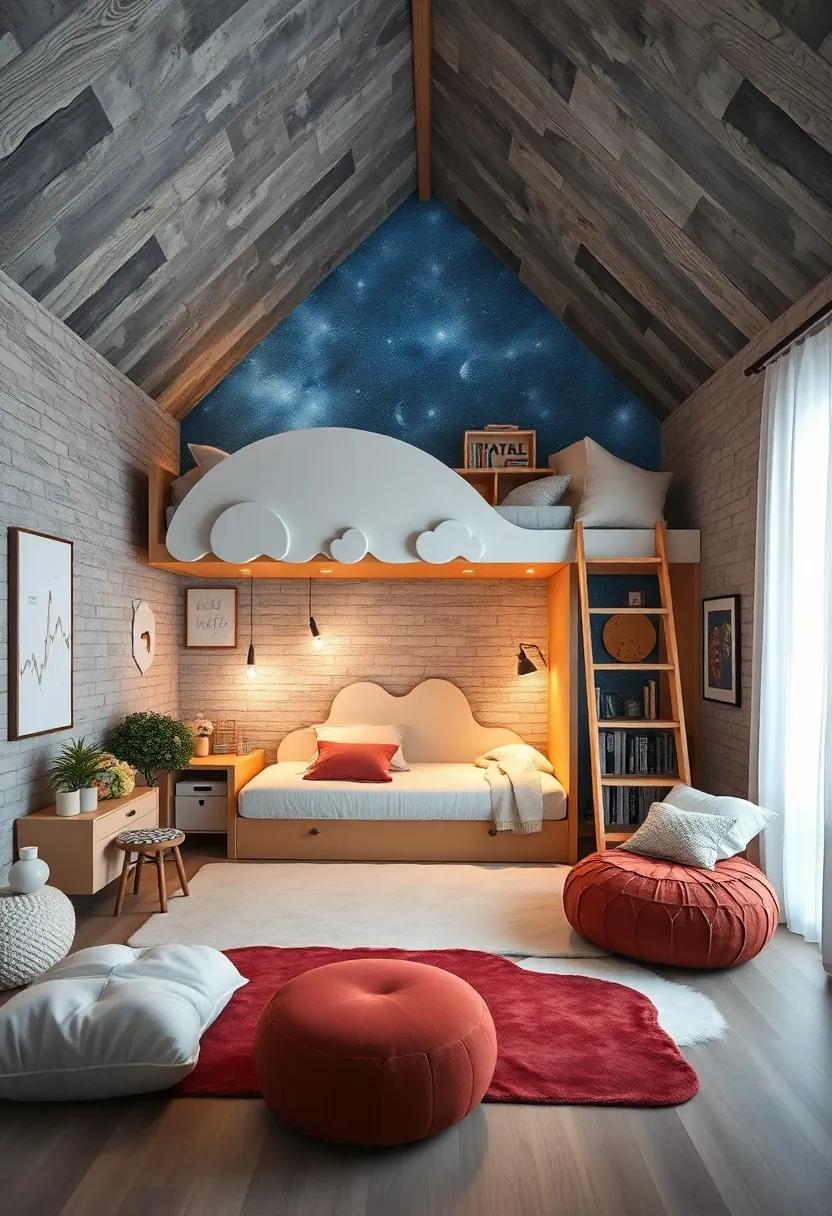 A dreamy night sky room featuring a loft bed designed like a cloud, with a play area below ​that glows ​in the dark, sparking nighttime adventures and celestial quests