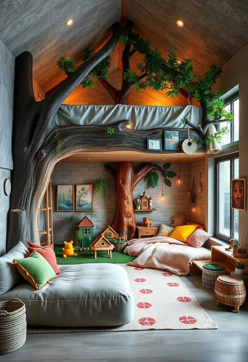 A bright and colorful room that features⁣ a loft bed shaped like⁢ a rocket ship, ⁢complete with plush alien friends and a starry play area beneath for intergalactic missions