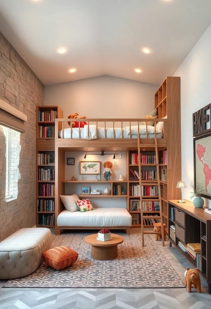 A cozy library-themed room complete with a ‌loft bed nestled ‌among towering bookshelves, where a play area below⁤ features​ comfy seating and storytelling corners