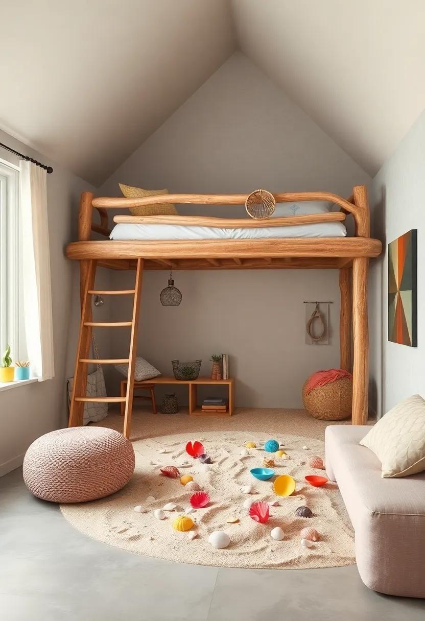 A serene ⁢beach-themed haven, where a⁣ loft bed crafted from driftwood overlooks‍ a sandy play area filled with seashells and vibrant beach toys, perfect for creative play