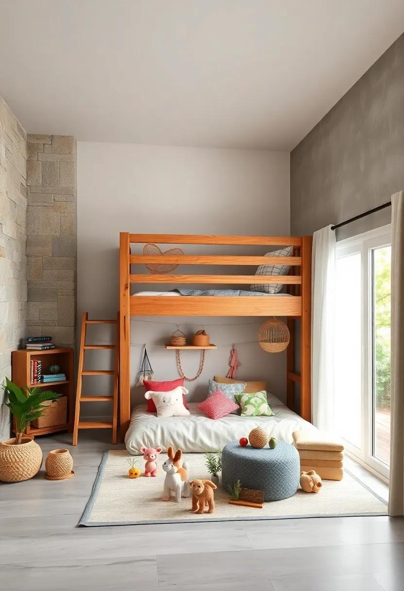 A cozy farmhouse-themed⁣ room ⁢where⁢ a wooden loft bed ⁤sits over a⁢ soft, inviting play area filled with plush ‍animals, toy crops, and miniature farm sets