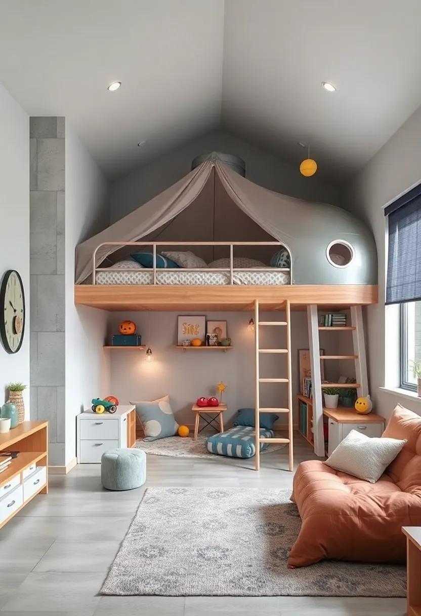 an enchanting outer space room, complete with a loft bed styled as a spaceship, boasting‍ a play area beneath filled with planets, stars, and astronaut gear ⁢for cosmic​ escapades