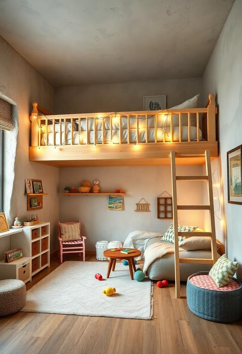 A charming vintage-inspired room featuring⁣ a ‍classic loft‍ bed draped in ⁣delicate fairy lights, with a cozy play area ​below⁣ that⁤ includes vintage⁤ games and plush toys galore