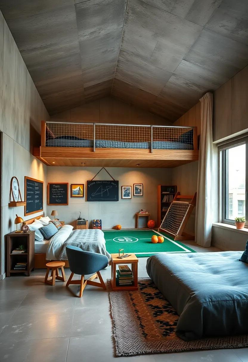 A sports paradise featuring a loft bed shaped‌ like a ⁣mini stadium, with a play area below filled⁢ with sports equipment and⁢ a chalkboard for ‍game planning