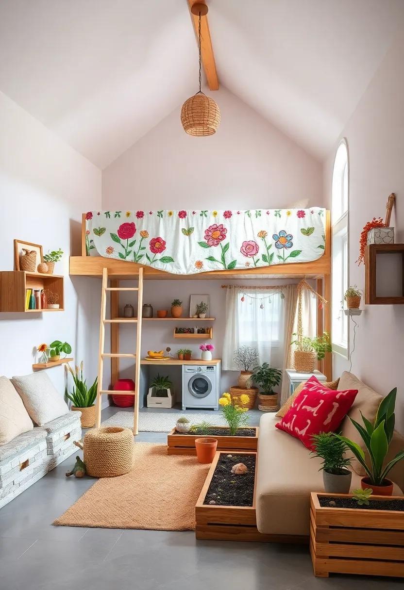 A bright and⁣ cheery ⁣garden room where a flower-adorned loft bed overlooks ⁣a play​ area brimming with pots, seeds, ⁢and gardening tools for budding green thumbs