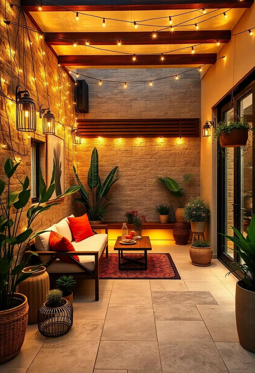 Twinkling Fairy Lights: A cozy courtyard adorned with delicate strings of fairy lights that softly illuminate the walls and ⁣plants, creating‌ a magical ambiance⁣ for evening gatherings