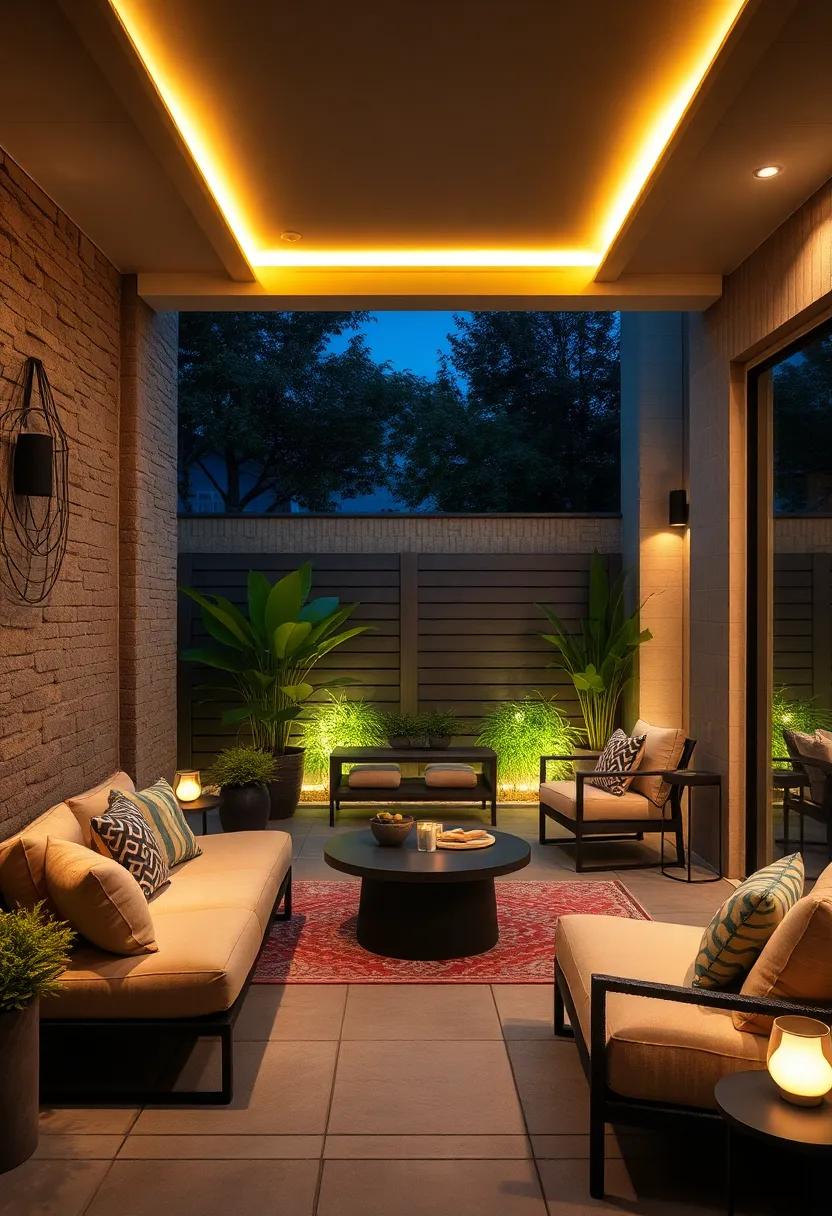 Built-in Bench Lighting: A rustic wooden‍ bench equipped with LED strips underneath, giving an inviting‍ glow that highlights its shape while providing warmth‍ for late-night conversations