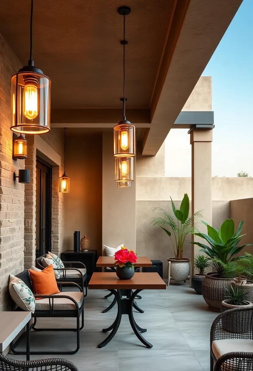 Hanging ⁤Pendant Lights: Stylish ⁣pendant lights descending from a small ‌patio ceiling, offering ⁤direct illumination over dining tables while⁤ contributing to the overall decor theme