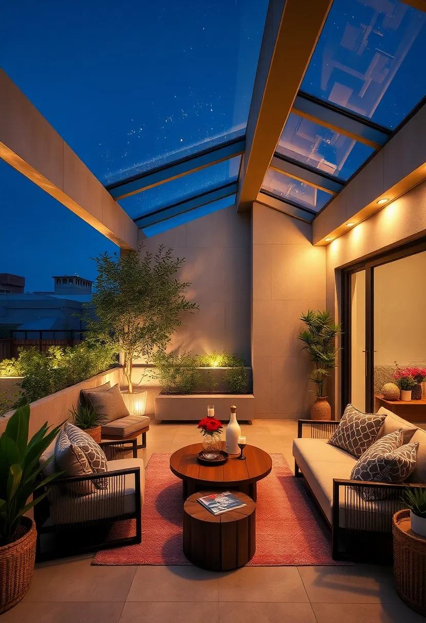 Skylights with Ambient Lighting: A small rooftop terrace enhanced by skylights that ⁢incorporate low-level lighting,allowing natural ​light ‌by day⁢ and a‍ starry ambiance‌ by ‍night