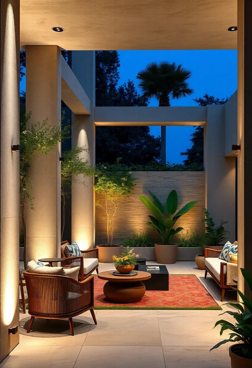 Column Spotlighting: decorative columns equipped ⁤with⁢ upward-facing spotlights that accentuate ‌architectural features‍ and lush greenery,⁣ adding depth to the design