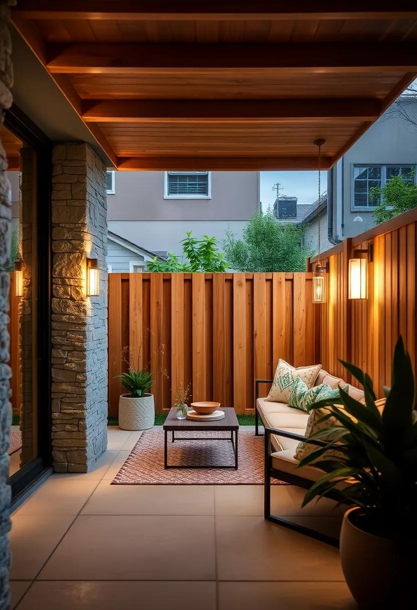 Wall Sconces on Fences: Sleek wall sconces mounted on wooden fences⁣ provide targeted lighting that enhances privacy while adding a touch of elegance to a small backyard area