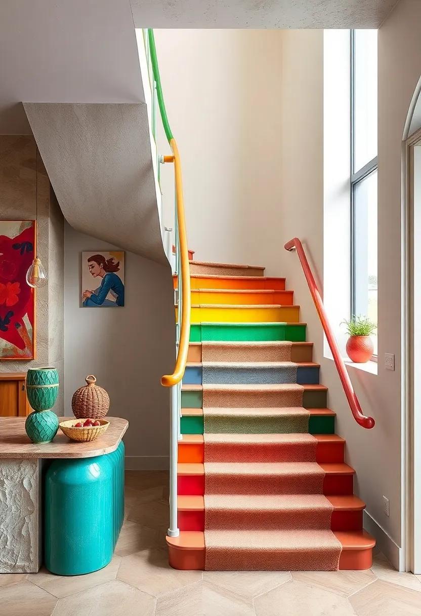 Artistic Flair: Explore a staircase painted with vibrant‌ colors, where the artistic foldable handrail adds a dynamic touch to playful ​spaces