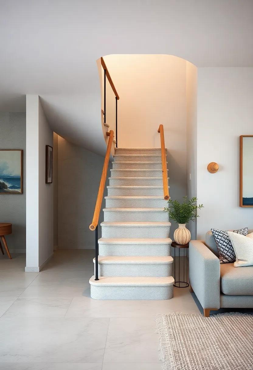 Coastal‌ Comfort: Explore a staircase with a beachy vibe, where the foldable handrail mimics driftwood, ⁢adding a touch of coastal charm to compact living⁣ spaces