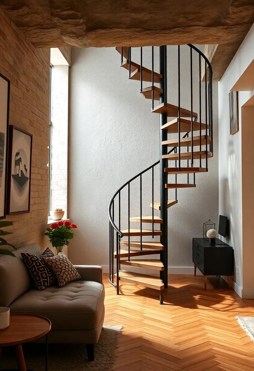 Compact Charm: Discover a​ spiral staircase with a foldable handrail that effortlessly tucks away,⁤ perfect for maximizing floor space in a cozy loft